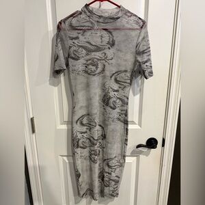 🐉 Y2K Dragon Mesh Midi Dress – Gray